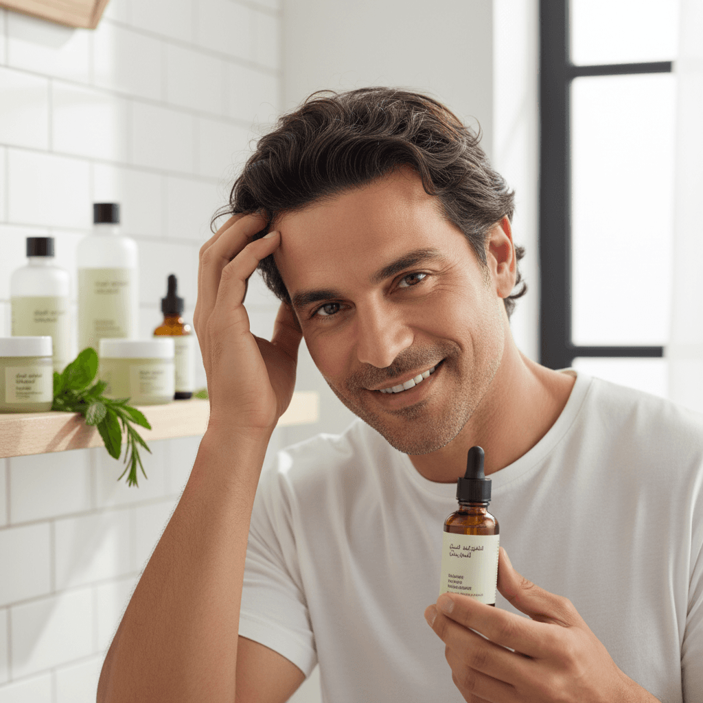 Woman gently applying Bomi Hair Growth Serum to her scalp, focusing on her part line, with a serene expression.