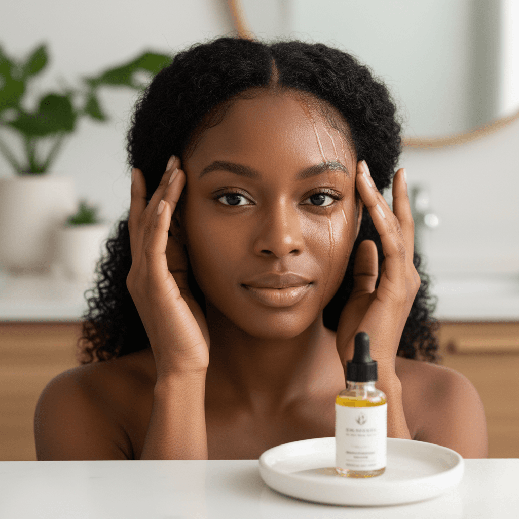 Person examining their hair in a mirror, considering how to hide thinning with oil, with Bomi Hair Labs Serum in the foreground.