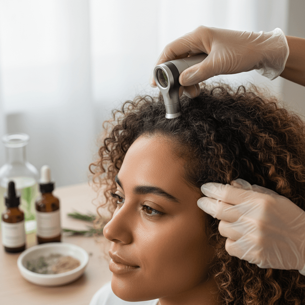 Person examining their thinning hair in a mirror, contemplating treatment options.