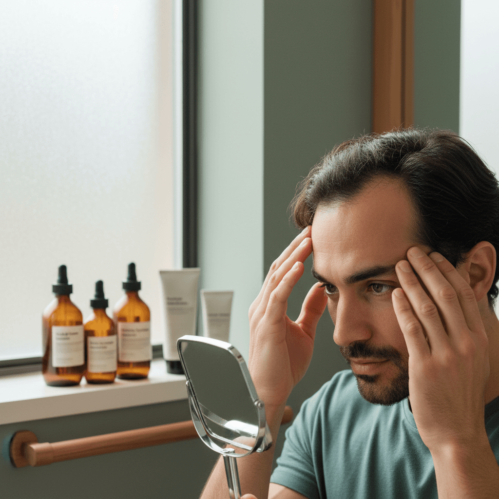 Man examining his receding hairline in a mirror, looking concerned but hopeful