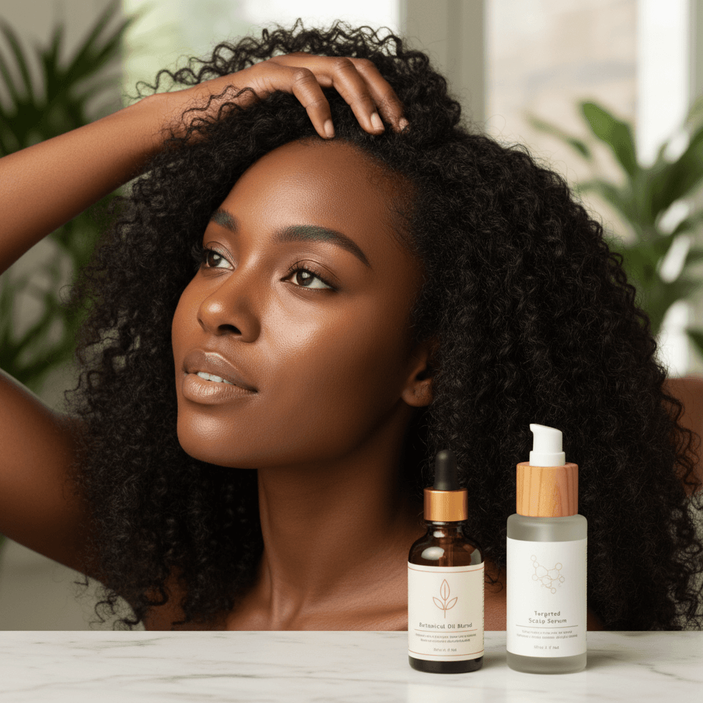 A person gently applying Bomi Hair Growth Serum to their scalp, illustrating a non-greasy, easy-to-use night routine.