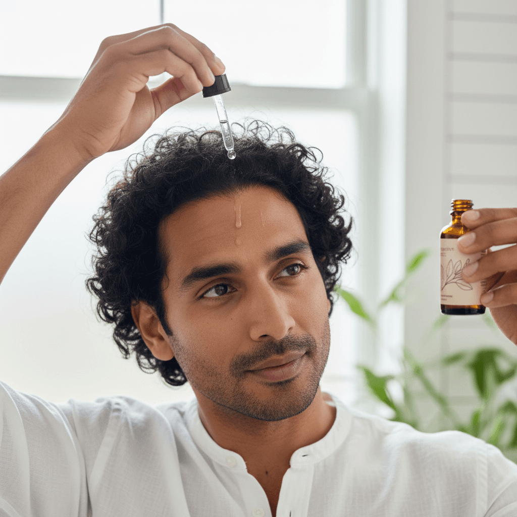 A person applying Bomi Hair Growth Serum to their scalp
