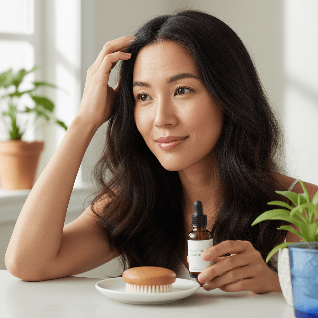 Person gently touching their hair, looking thoughtfully, representing stress and hair loss concerns
